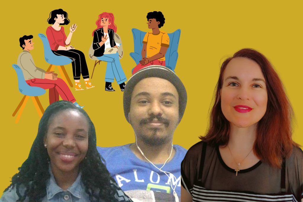 two women and man on poster